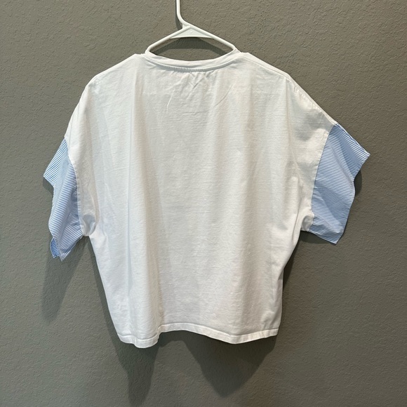 Zara white T shirt with striped cotton sleeve trim Sz M - Picture 4 of 4